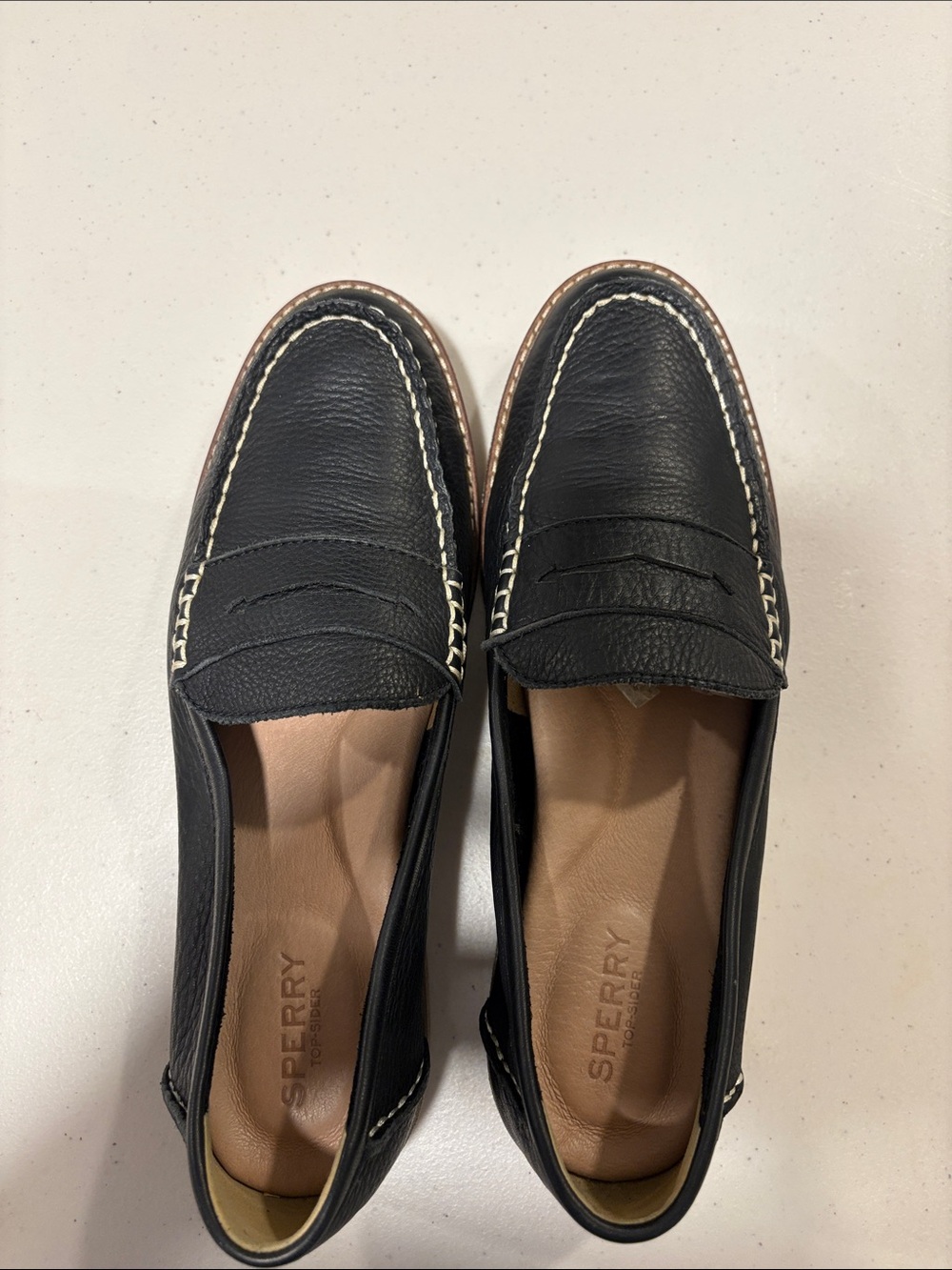 Sperry Black Leather White Stitching Penny Loafers